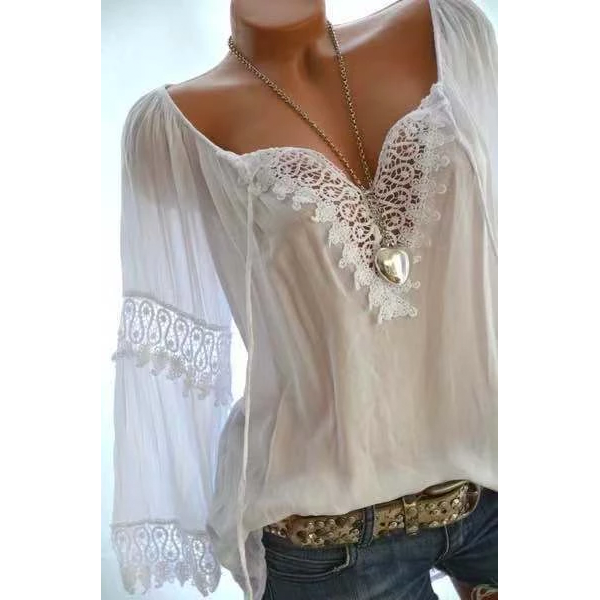 Large size Women Openwork Lace Long-sleeved Blouse Solid Color Large V-neck Casual Tops-Corachic