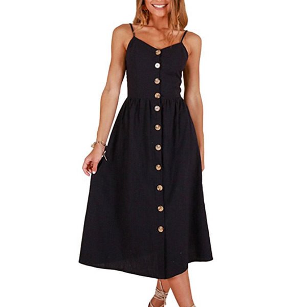 Women Spaghetti Strap Sleeveless Summer Casual Midi Black Dress With Pocket Sundresses