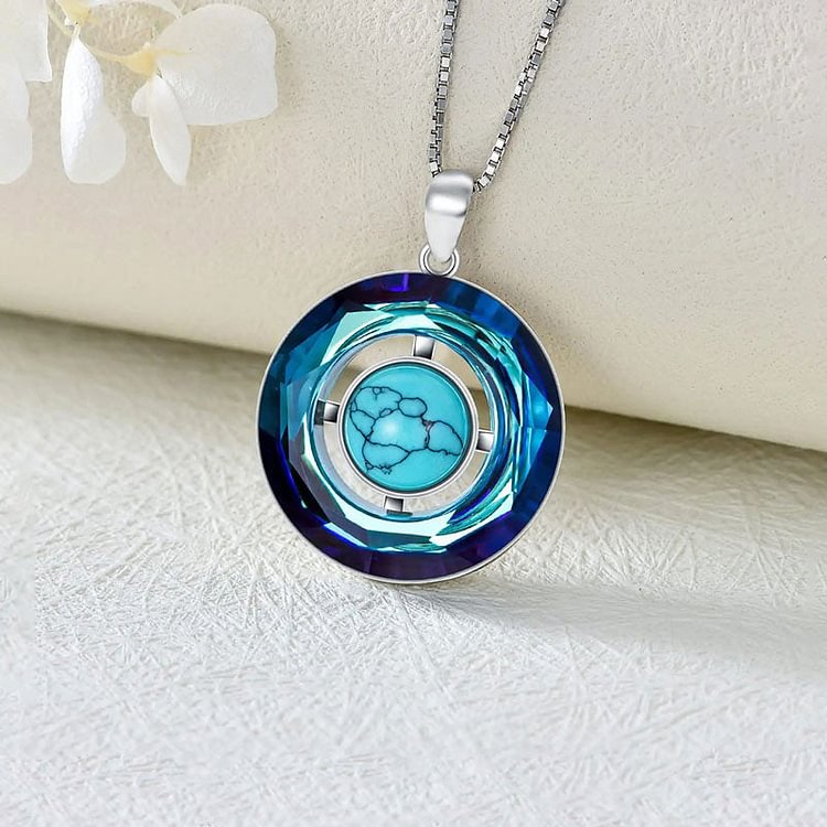 For Love - S925 You are The Center of Me Circle Crystal Turquoise Necklace
