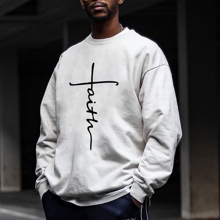 BrosWear Men's Casual Faith Corss Printed Loose Sweatshirt White