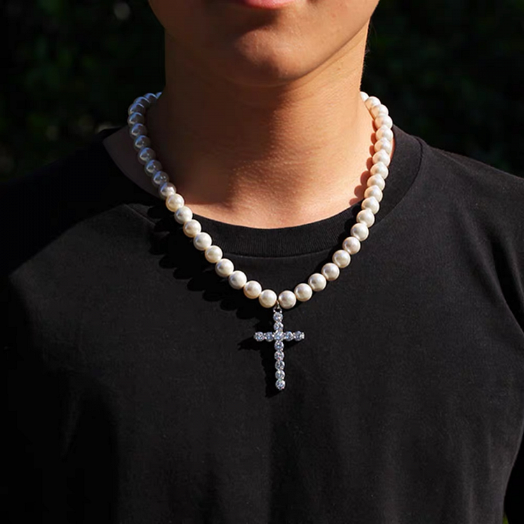 Iced Out Cross Pendant Necklace with Pearl Chain