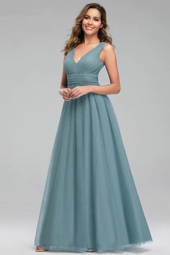 Glamorous Dusty Blue Chiffon V-Neck Long Evening Prom Dress