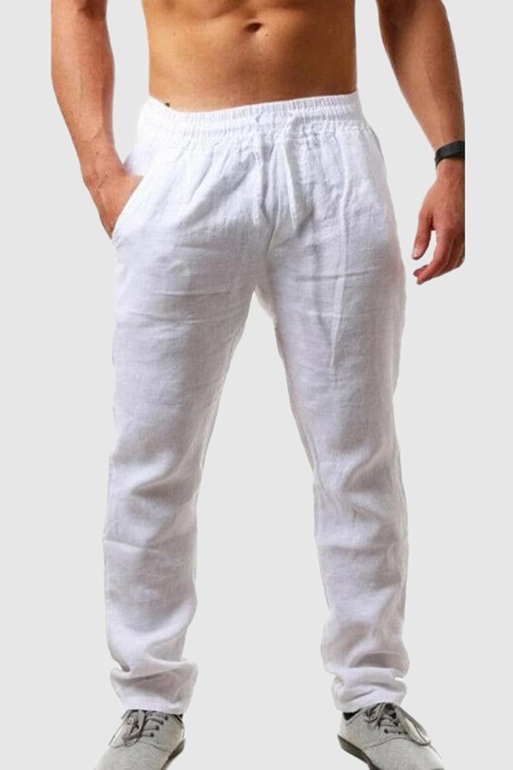 Tiboyz Solid Color Cotton Linen Casual Drawstring Pants