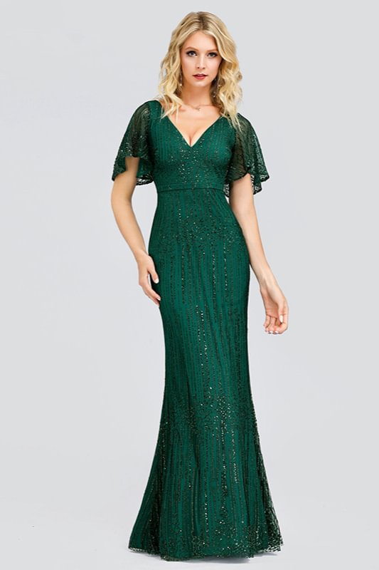 Glamorous Green Short Sleeve Prom Dress Long Mermaid Evening Gowns With Beadings