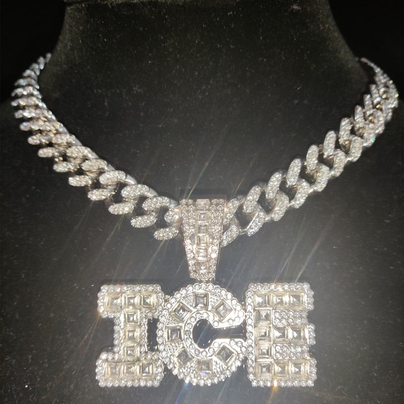 Letter ICE Pendant With 13mm Cuban Chain Bling Necklace-VESSFUL