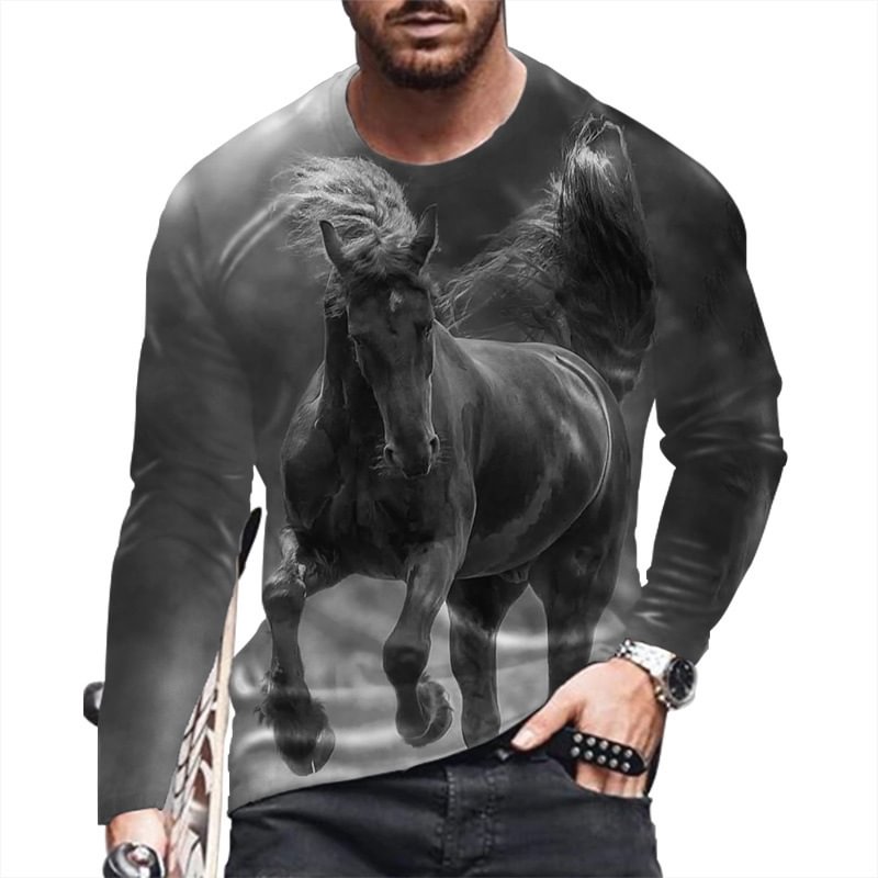 Horse Pattern Loose O-Neck Men's Long-sleeved T-shirts-VESSFUL