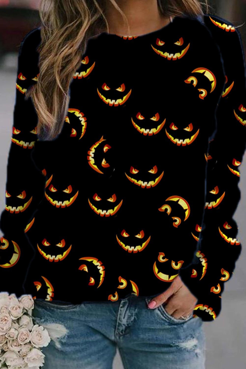 Women's Sweatshirts Allover Halloween Face Print Sweatshirt