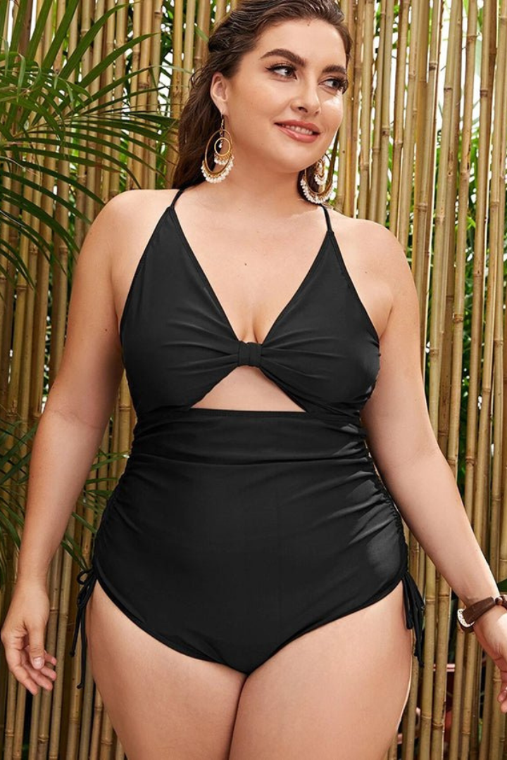 Plus Size Black V-Neck Sideways Lace-Up One Piece Swimsuit