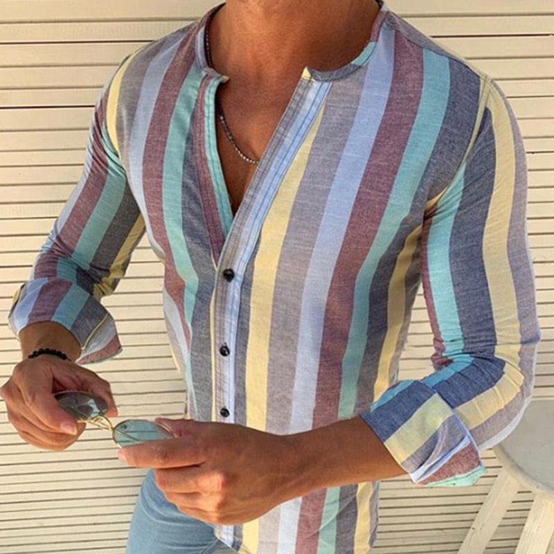 Spring/summer Men Fashion Colorful Stripe Slim Fit Shirts-Corachic