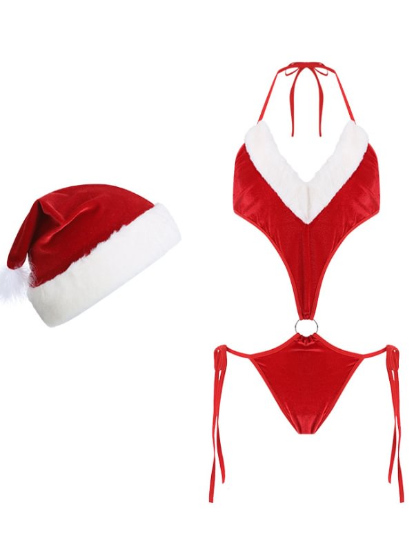 Velvet Hollowed Out Temptation Christmas One-piece Suit Underwear-Icossi