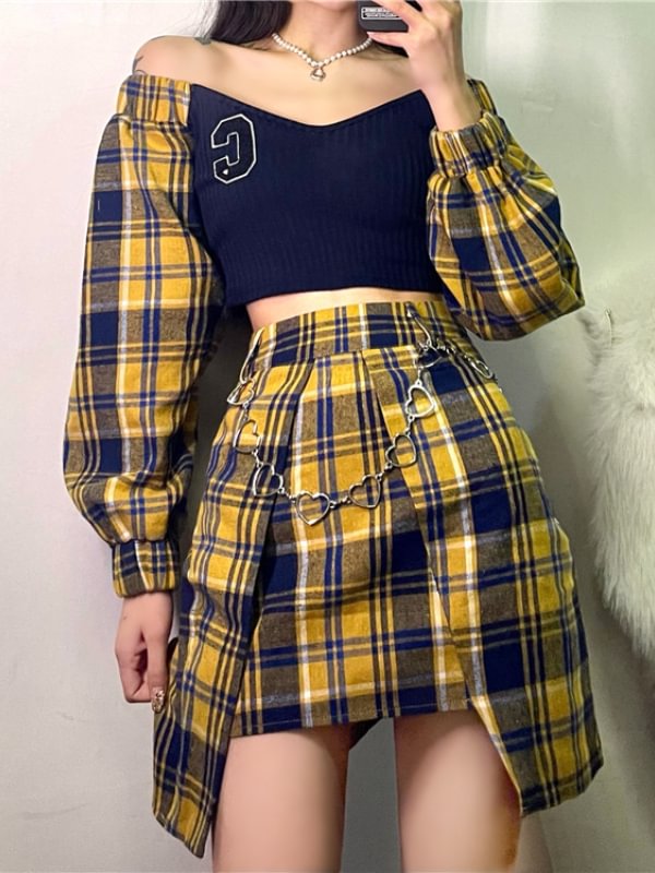 Fashion Hot Girl Checkered Sets: Color Block Off The Shoulder Crop Top + High Rise Asymmetrical Chain-trimmed Skirt