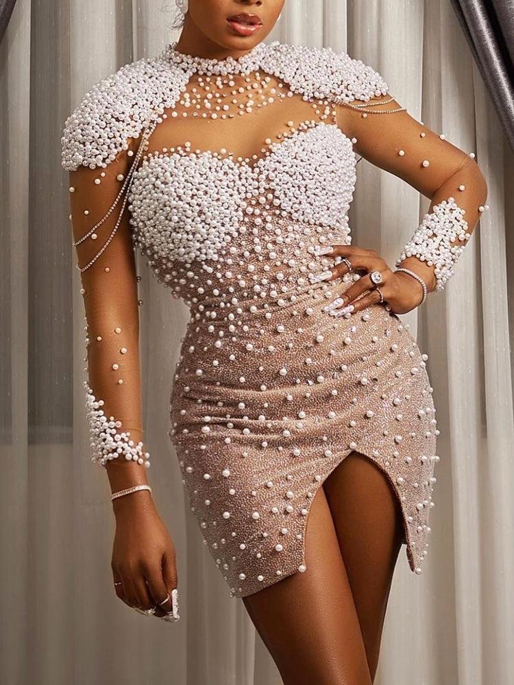 Round neck stretchy mesh pearl beaded slit mini dress