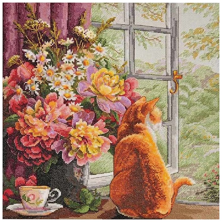 Flower And Cats-11Ct Stamped Cross Stitch-60*60CM