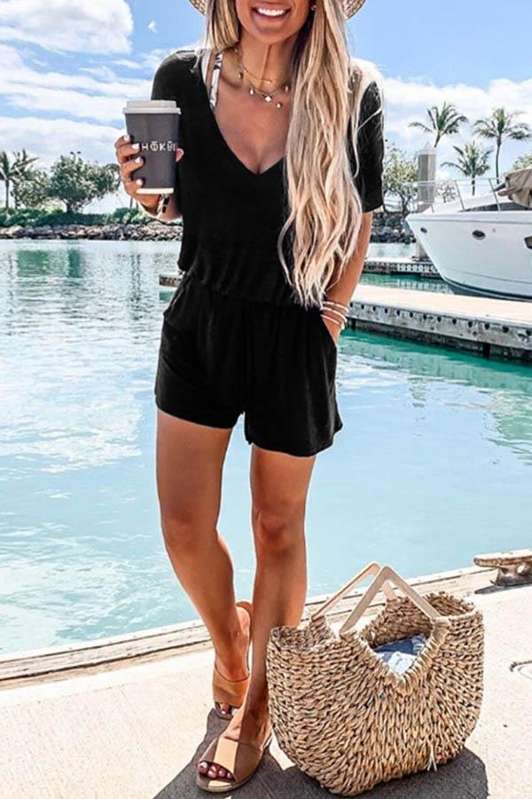 V Neck Black Casual One-piece Rompers P16116