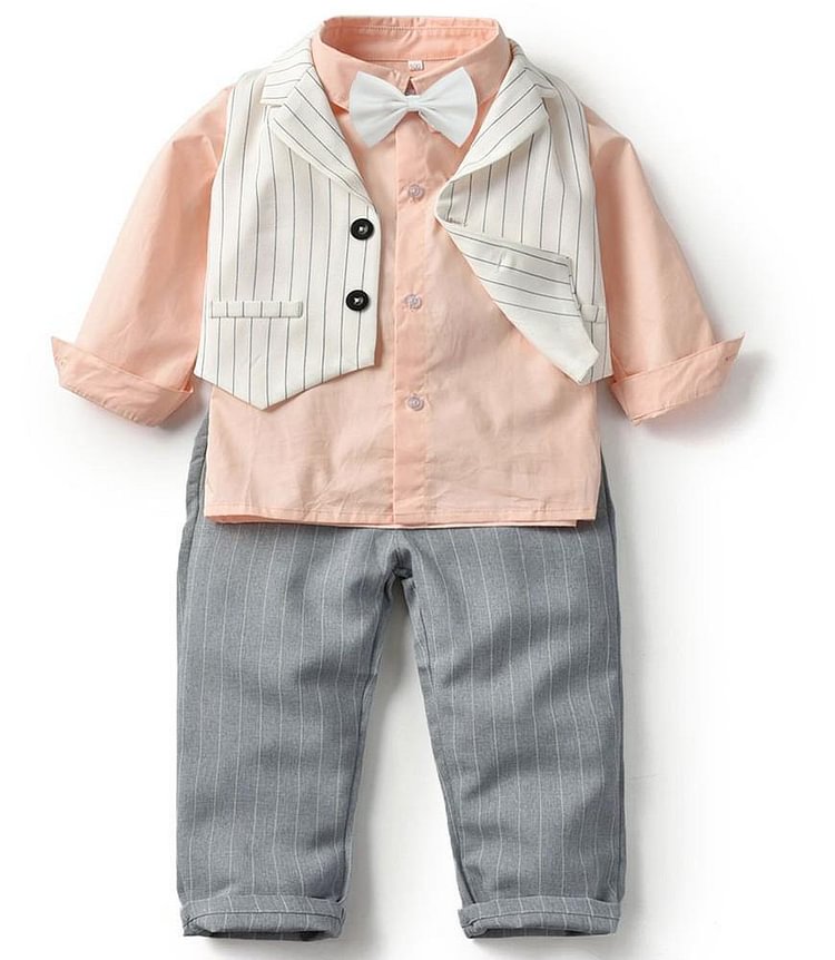 Boys Pink Cotton Shirt White Stripe Vest And Grey Pants Outfit Set-Mayoulove