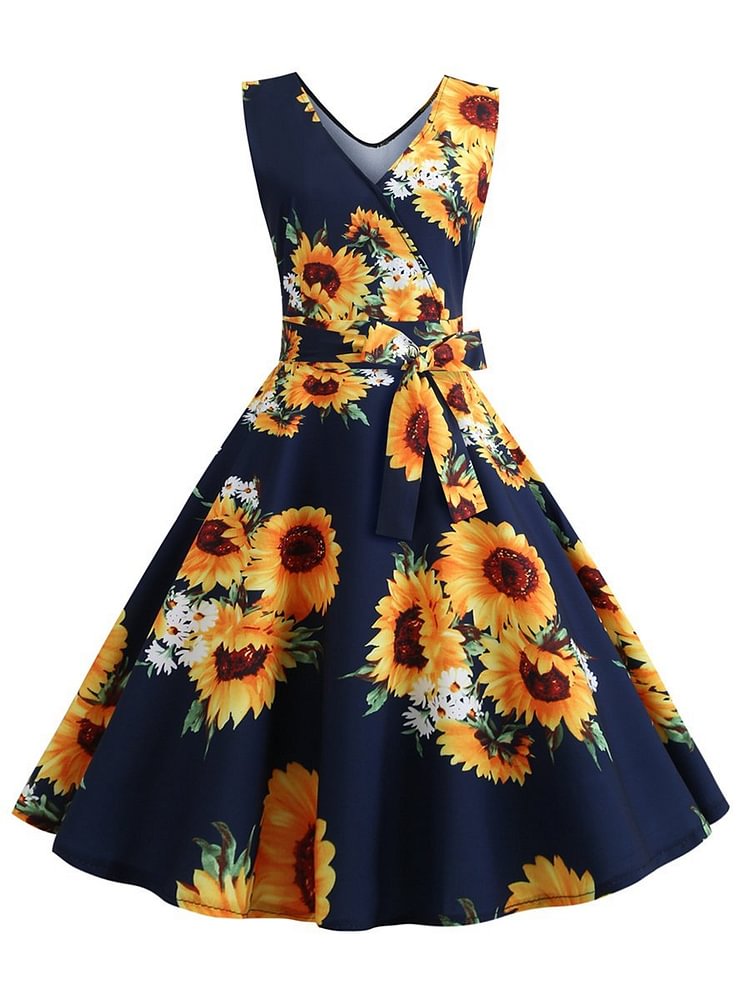 Mayoulove 1950s Dress Deep V-neck Sleeveless Printed Belt Waist Dress with Large Swing Skirt-Mayoulove