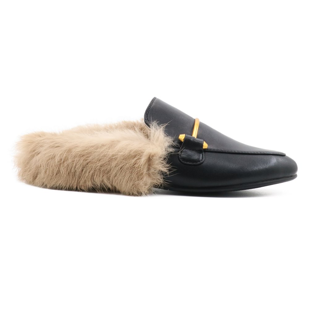 Black Backless Rabbit Fur Slippers Mules Shoes-vocosishoes
