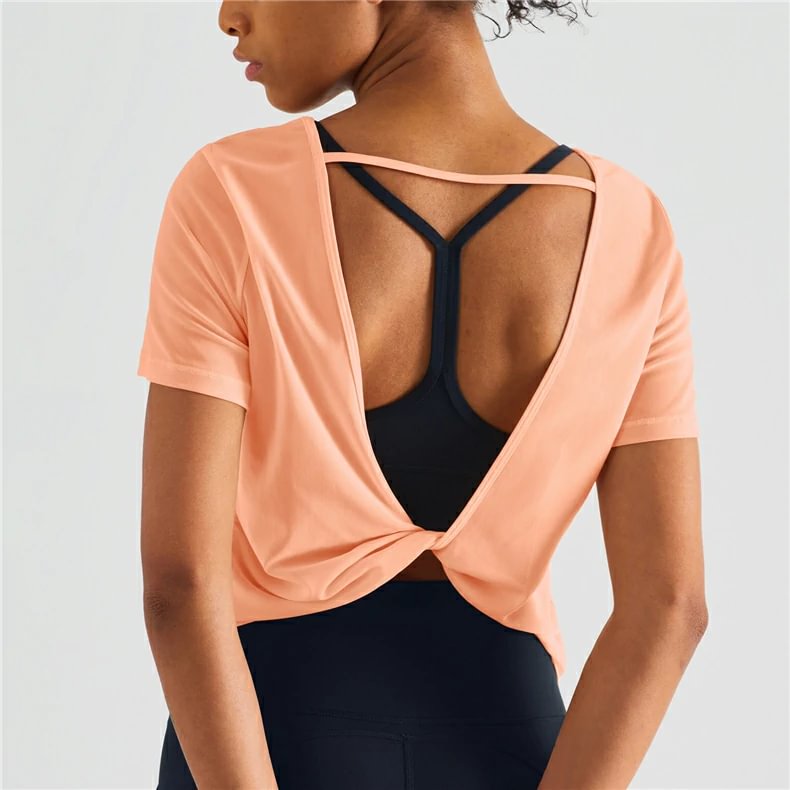 Shop malibu peach honeycomb nylon fabric o neck loose comfortable mesh backless casual sports shirt online at hergymclothing.com