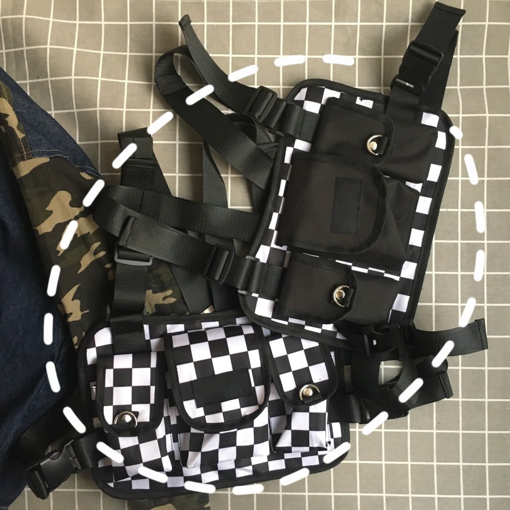 Black & White Plaid Chest Bag Functional Multi-pocket Backpack / Techwear Club / Techwear