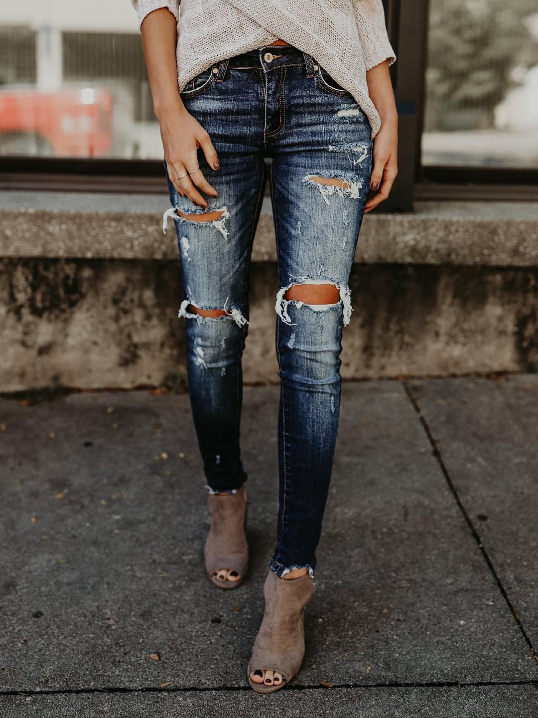 Denim Slashed Women Slim Jeans Bottoms(Plus Size)-Allyzone-Allyzone