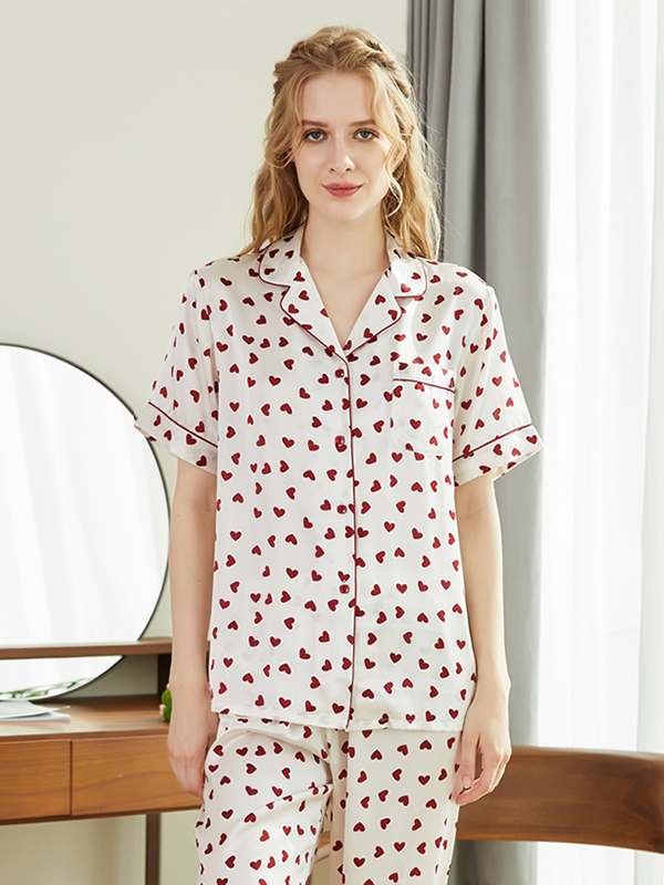 22 Momme Heart Printed Silk Pajamas Set