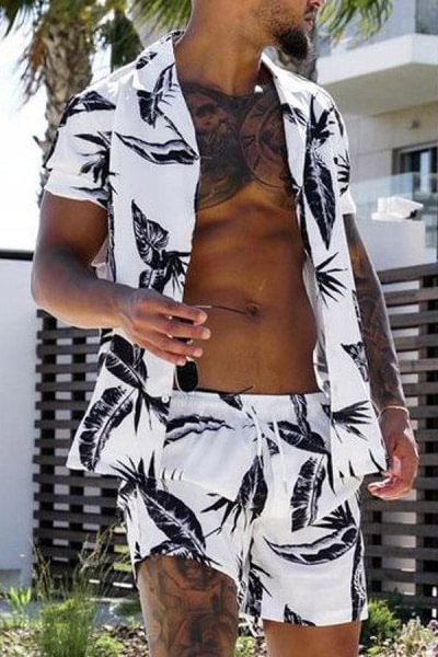 Tiboyz Men's Outfits Leaf Printed Casual Short Sleeve Shirt Two Piece Set