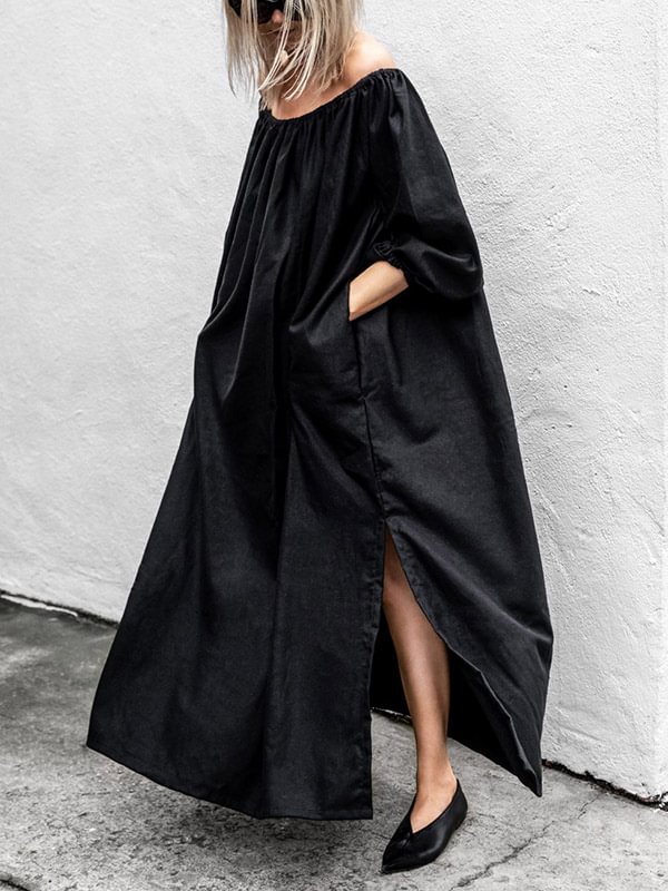 Simple Black Off-Shoulder Split-Side Long Dress