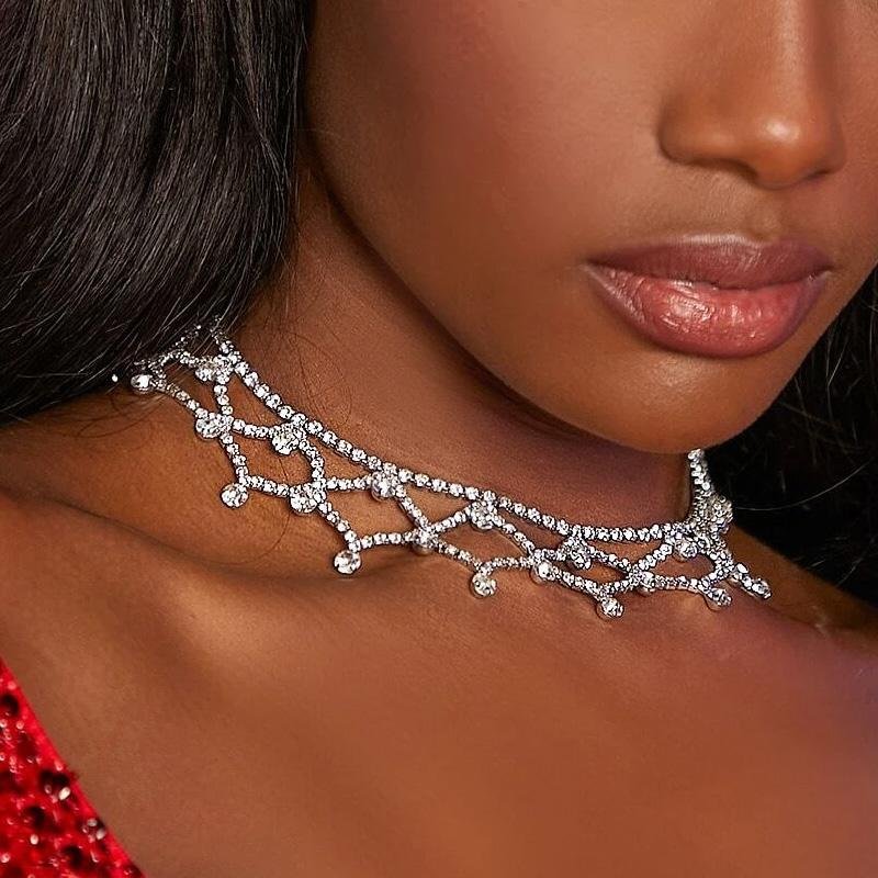 Rhinestone Mesh Shape Necklace Women Choker-VESSFUL