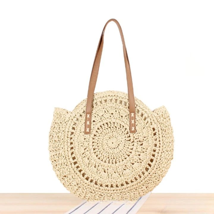 Round crochet hollow hand-woven straw tote bag