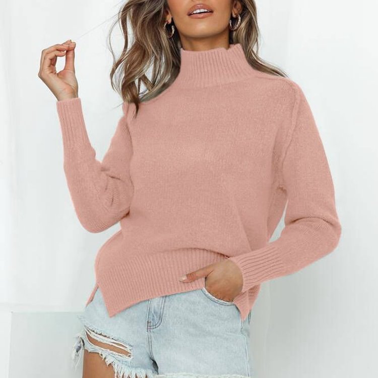 Women's casual fashion sexy loose top sweater solid color high neck long sleeve pullover sweater