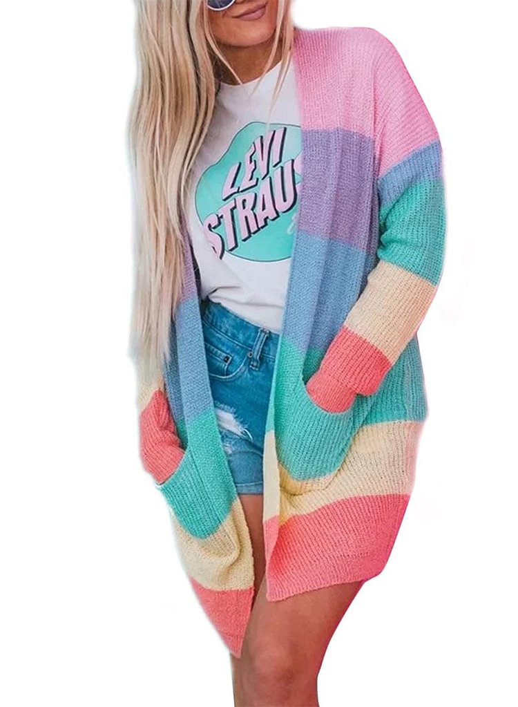 Women's Long Sleeve Striped Color Rainbow Loose Knit Cardigan Sweater Coat