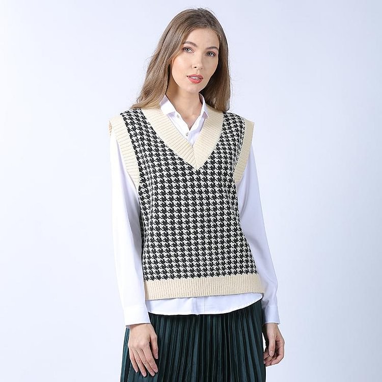 Mayoulove Sweater Vest Vintage Houndstooth Loose V-neck Knitted Casual Pullover Tops-Mayoulove