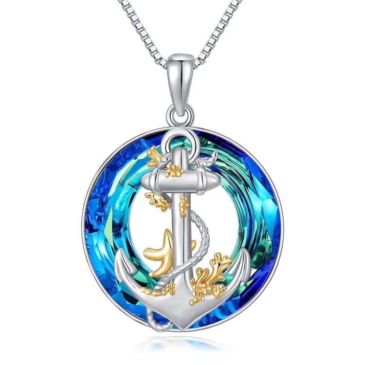 S925 Anchor And Starfish Crystal Circle Necklace