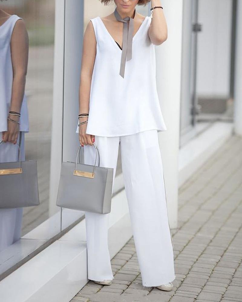 Fashion Simple V Neck Sleeveles Two-piece Suit