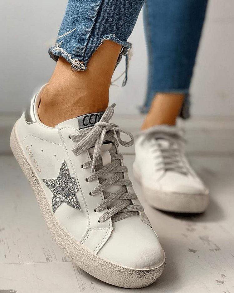 Sequins Star Design Casual Lace-up Distressed White Sneakers