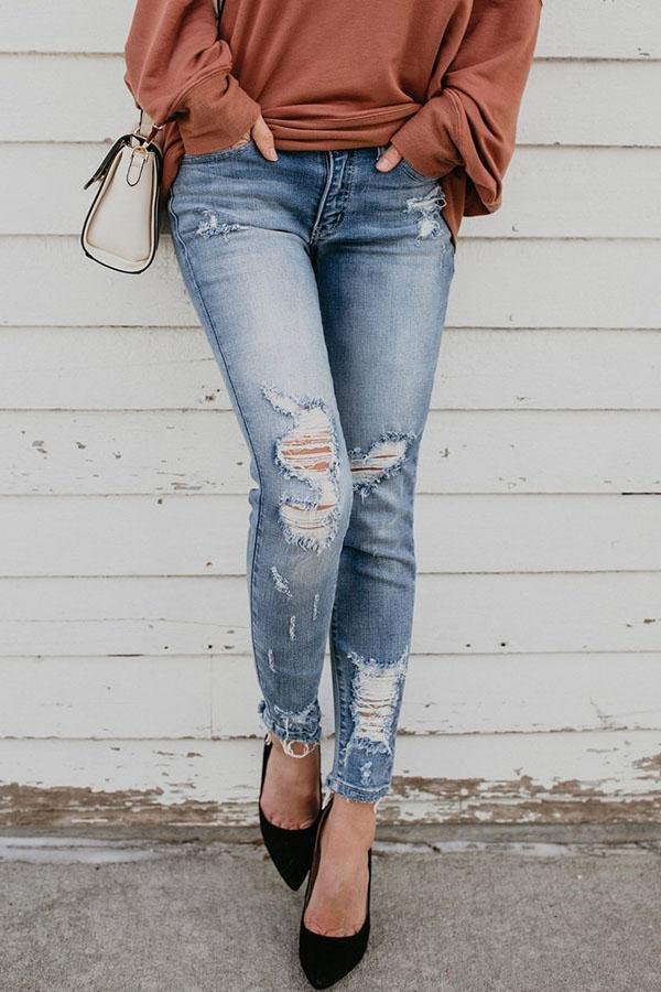 Womens Slim Hole Elastic Leggings Jeans-Allyzone-Allyzone