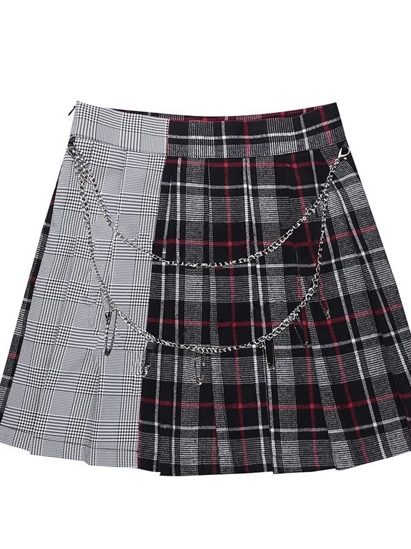 College Style Plaid Paneled Chain-trimmed Color Block A-line Skirt