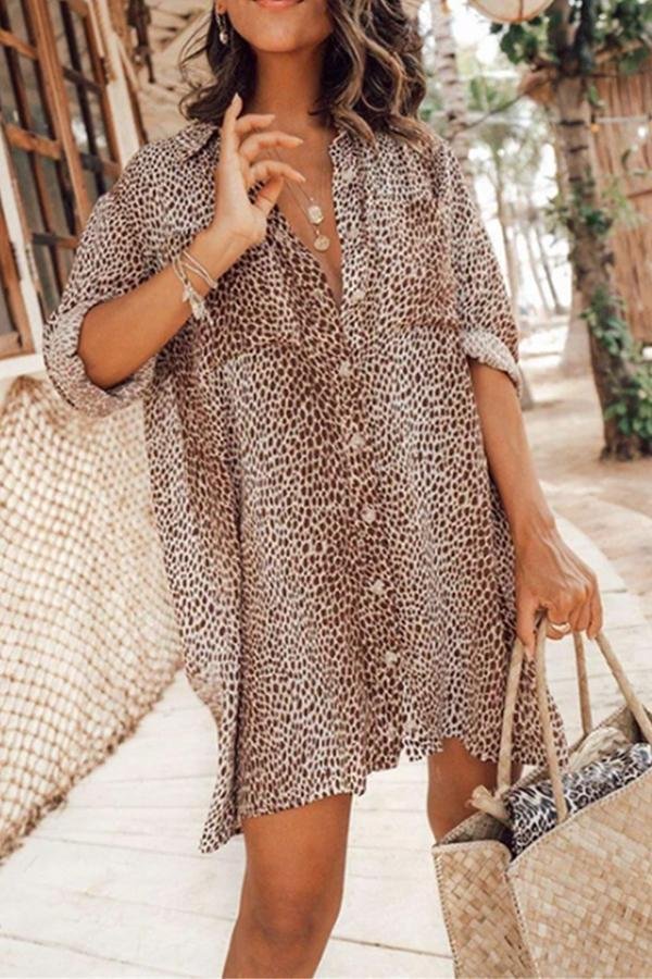 Womens Leopard Print Long Sleeve Shirt Dress-Allyzone-Allyzone