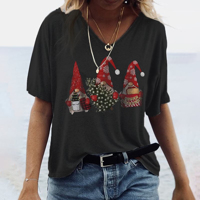 Happy Holidays Christmas Gnomes Print V-neck T-shirt