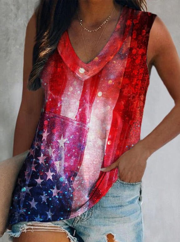 American Flag Print Gradient Color V-Neck Vest
