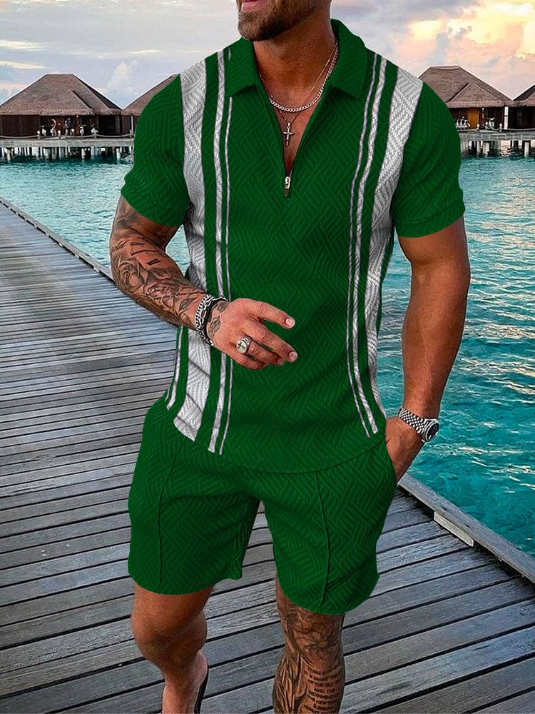 Green Striped Printed Polo Suit