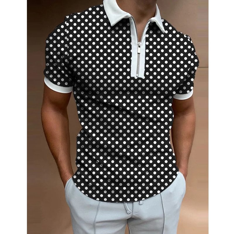 Golf Wear Casual Spotted Short Sleeve Zipper Men's Polo Shirts-VESSFUL