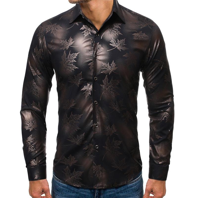 Men's Fashion Collar Long Sleeve Floral Shirts-Corachic