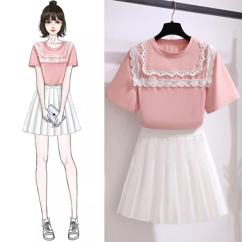 Patchwork Lace Tee+Pleated Skirt P13867