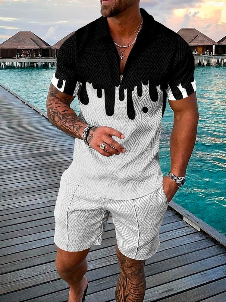Men's Black and White Fluid Simple Printing Polo Suit