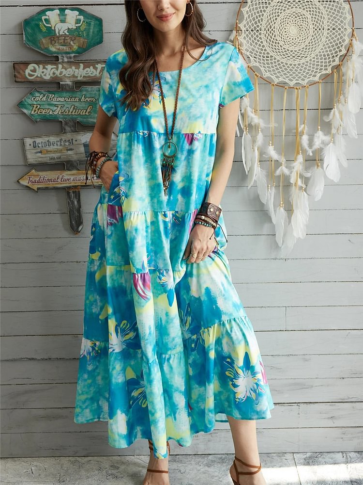 Women Spring boho maxi Fashion Plus Size Casual Light Blue Half short Sleeve Holiday Dress