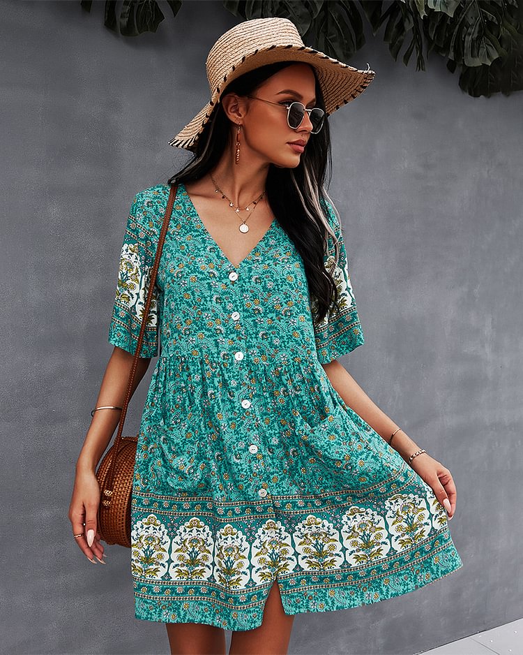 Boho Summer Dress Bohemian Green Floral Print Sundress