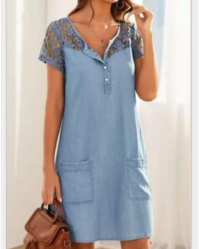 Women's Denim Dress Short Mini Dress Short Sleeve Lace Pocket Summer Hot Casual Cotton Light Blue S M L XL XXL-Corachic