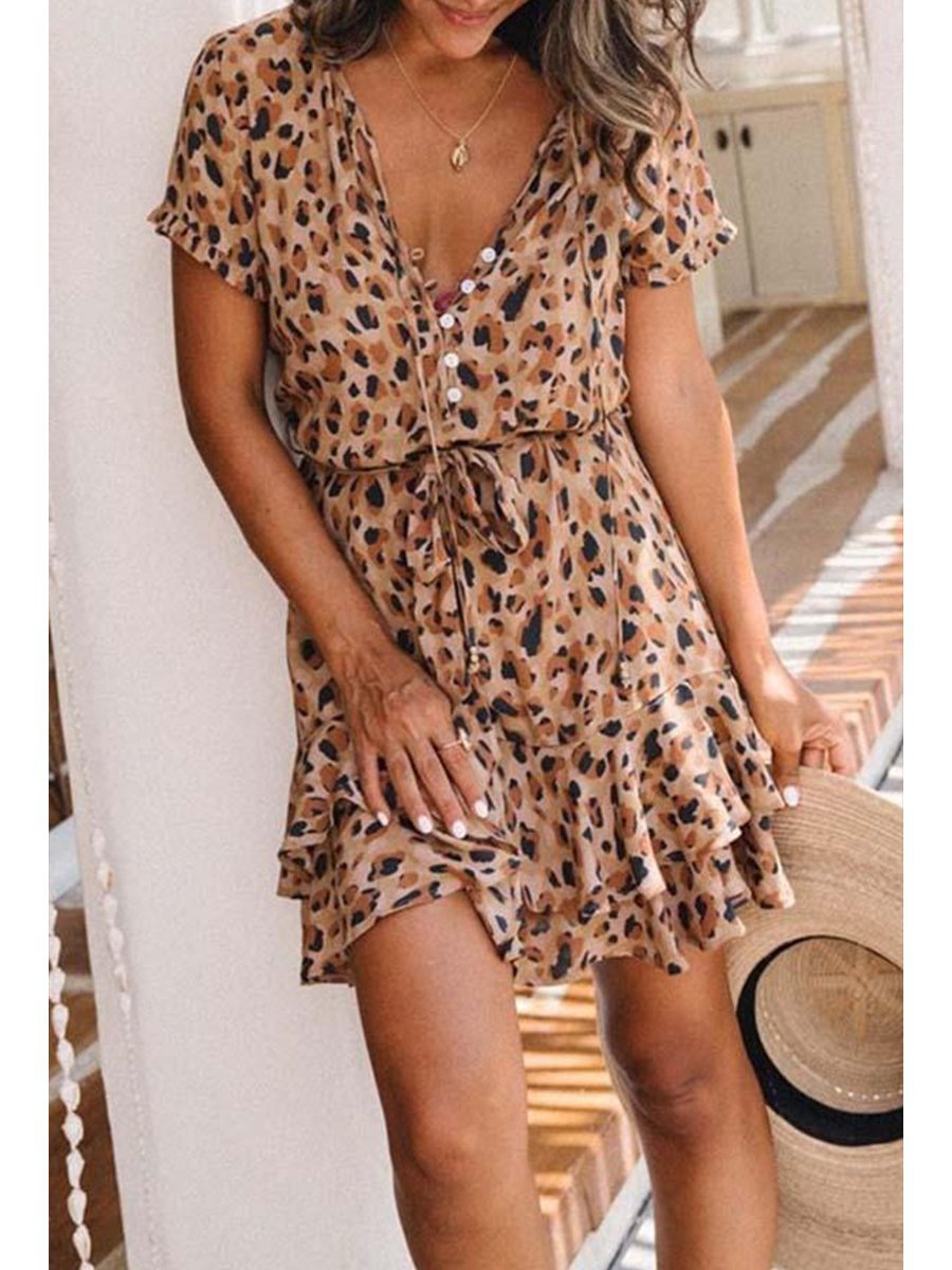 Leopard Print Single-Breasted Short-Sleeved Ruffled Mini Dress P13156
