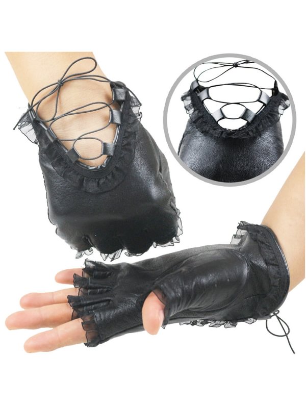 Women Punk Lace Half Finger Gloves PU Leather Performance Gloves